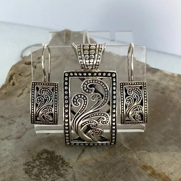 Silpada Sterling Silver Paisley Open Scroll Pendant Necklace & Earrings Set 20" - Picture 1 of 16